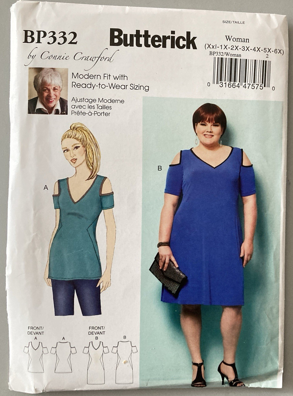 Butterick BP332 Cold Shoulder Top or Dress w V-Neckline Womens 2XL-6X UNCUT